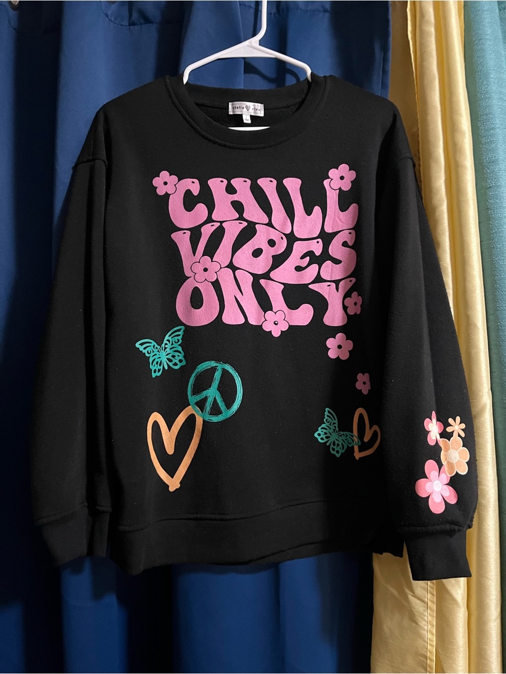 Chill Vibes Only Black Crewneck Sweatshirt - Pink Graphic